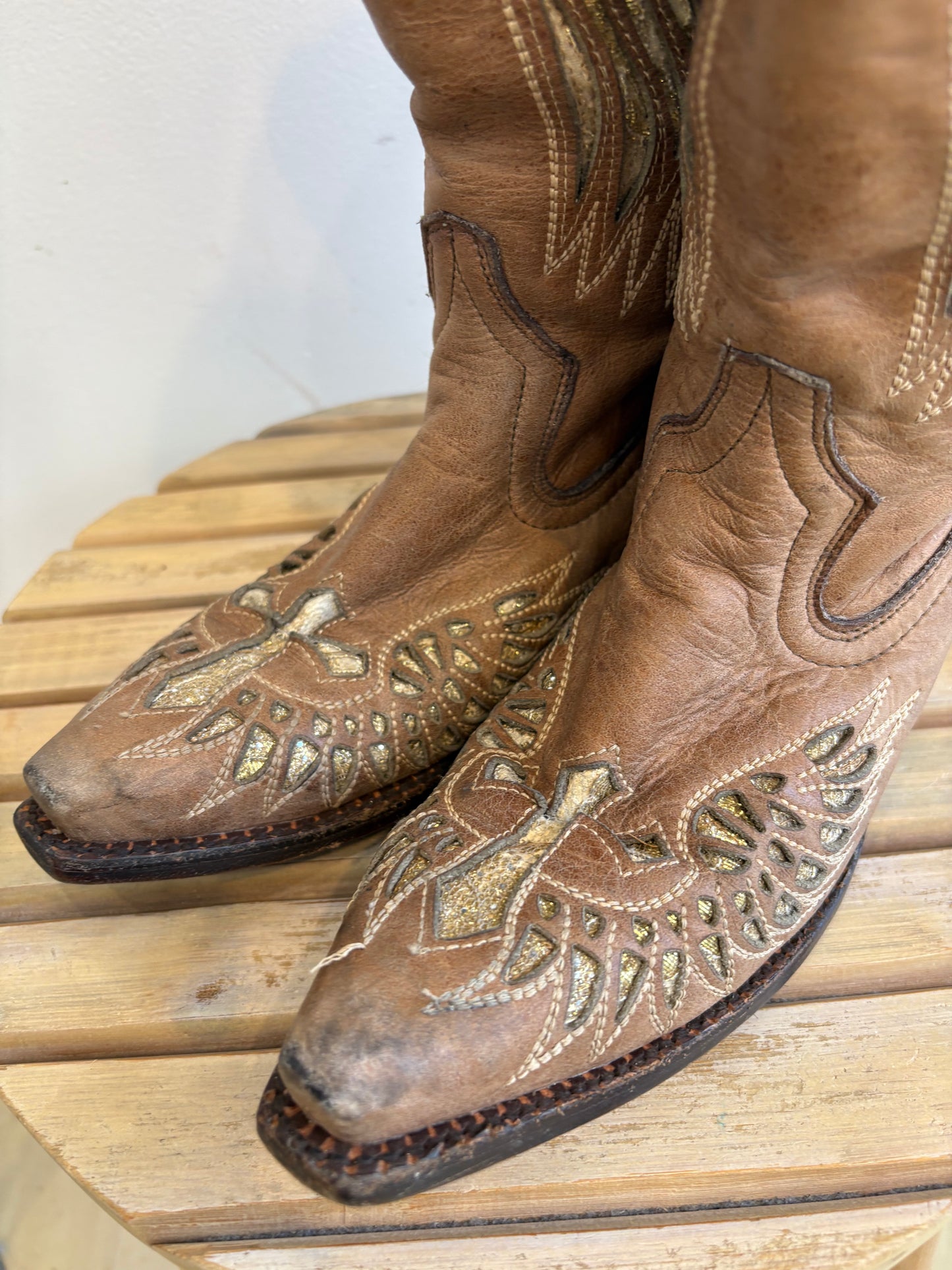 Tan/Gold Leather Cowboy Boots