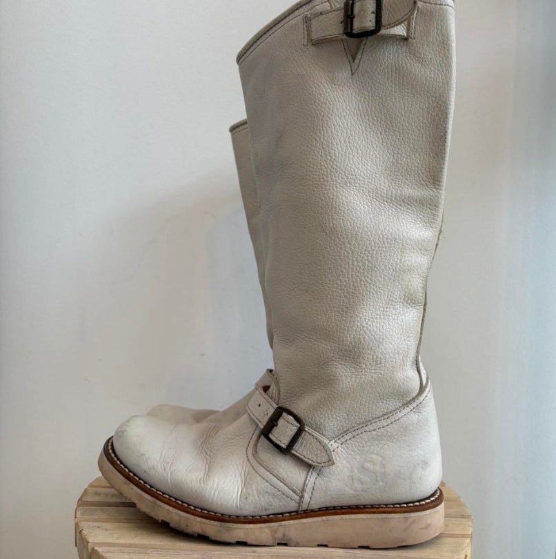 Cream buckle boots